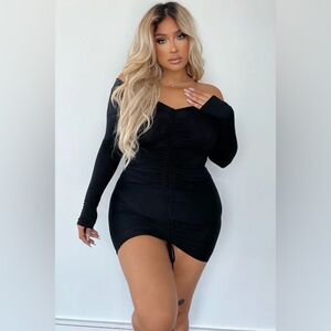 Fashion Nova Hong Kong Ruched Dress Black 1X Plus NEW